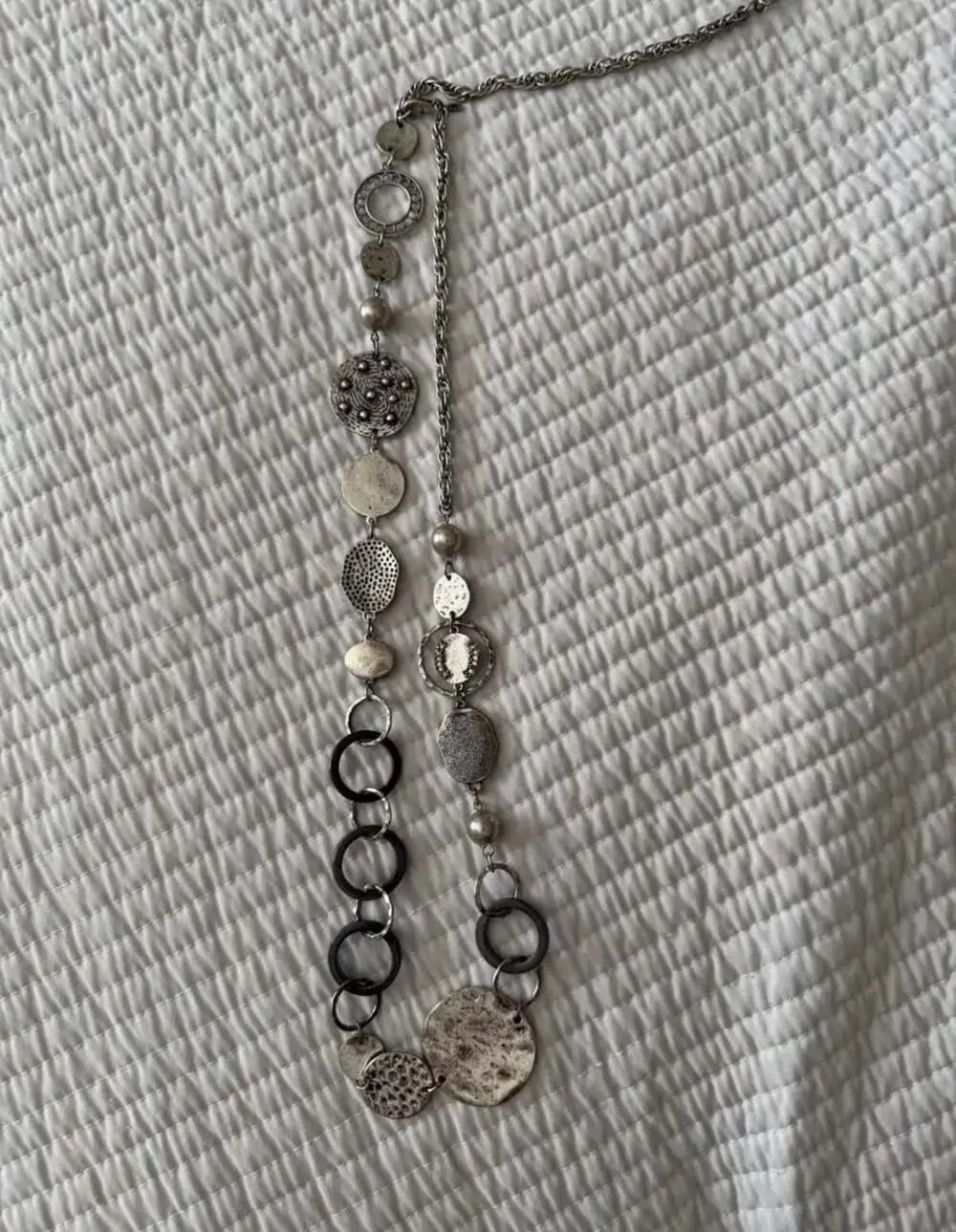 Premier Designs Mixed Texture Silver Tone Disk and Ring Statement Necklace